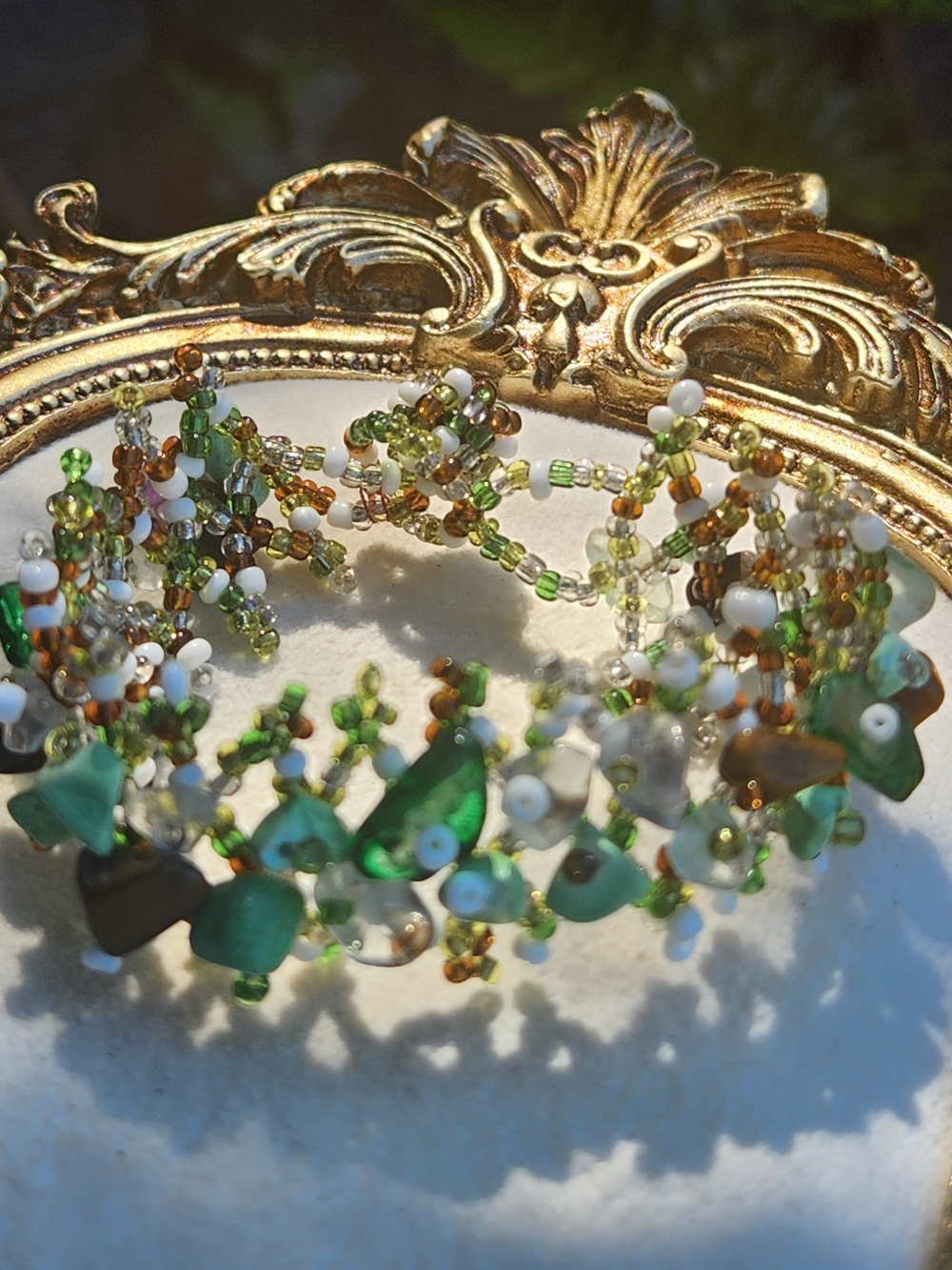VTG Artisan Handmade Beaded Cluster Cuff Bracelet Earthy Green Stone Chip Boho